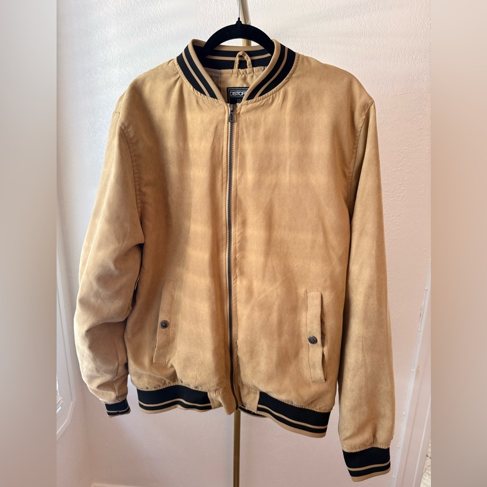 Distortion Tan Bomber Jacket Men’s XXL Varsity Style Zip Front Lightweight
